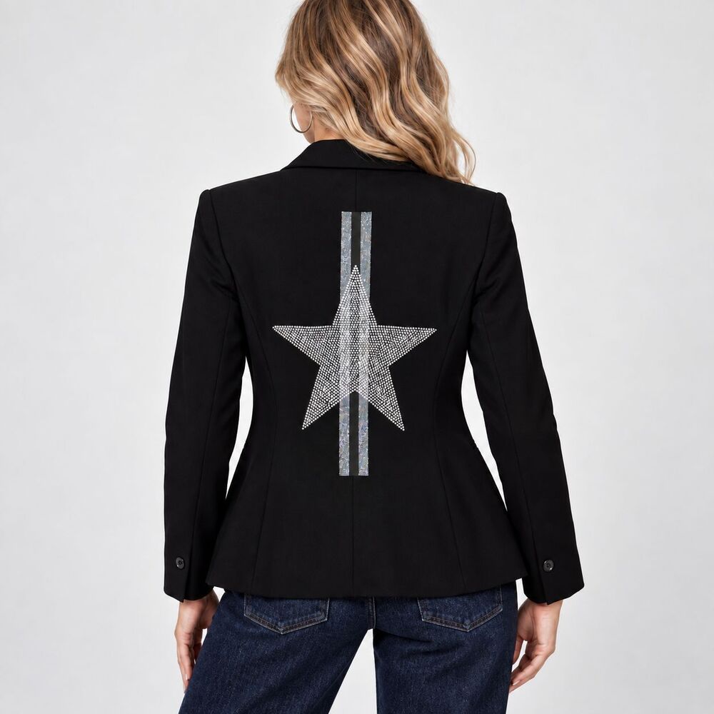 HIPCHIK COUTURE Blazer Womens 6 Black Rhinestone Star Back Tuxedo Jacket Party